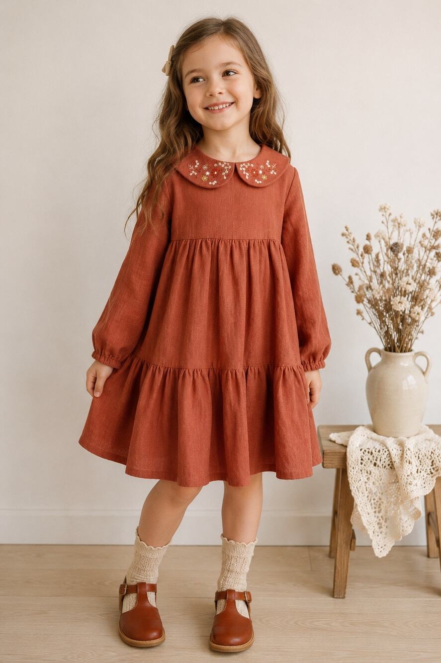 Girls 7/8 Embroidered Linen Dress Rust Peter Pan Collar Cottagecore Hand Made